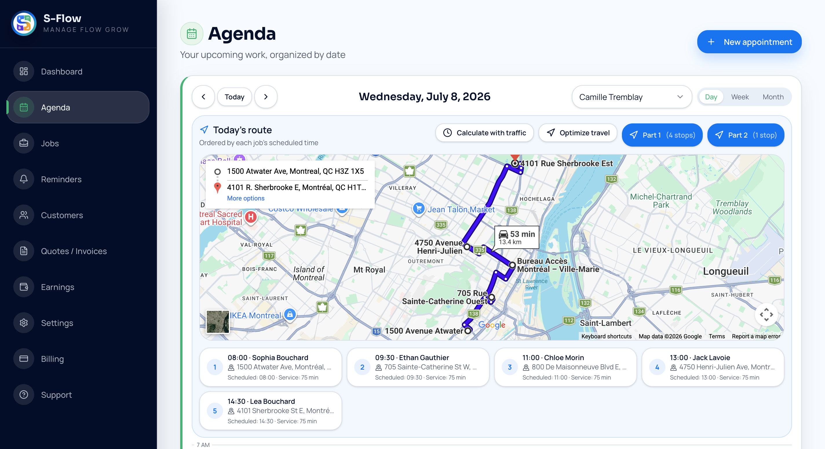 S-Flow daily route map with scheduled stops